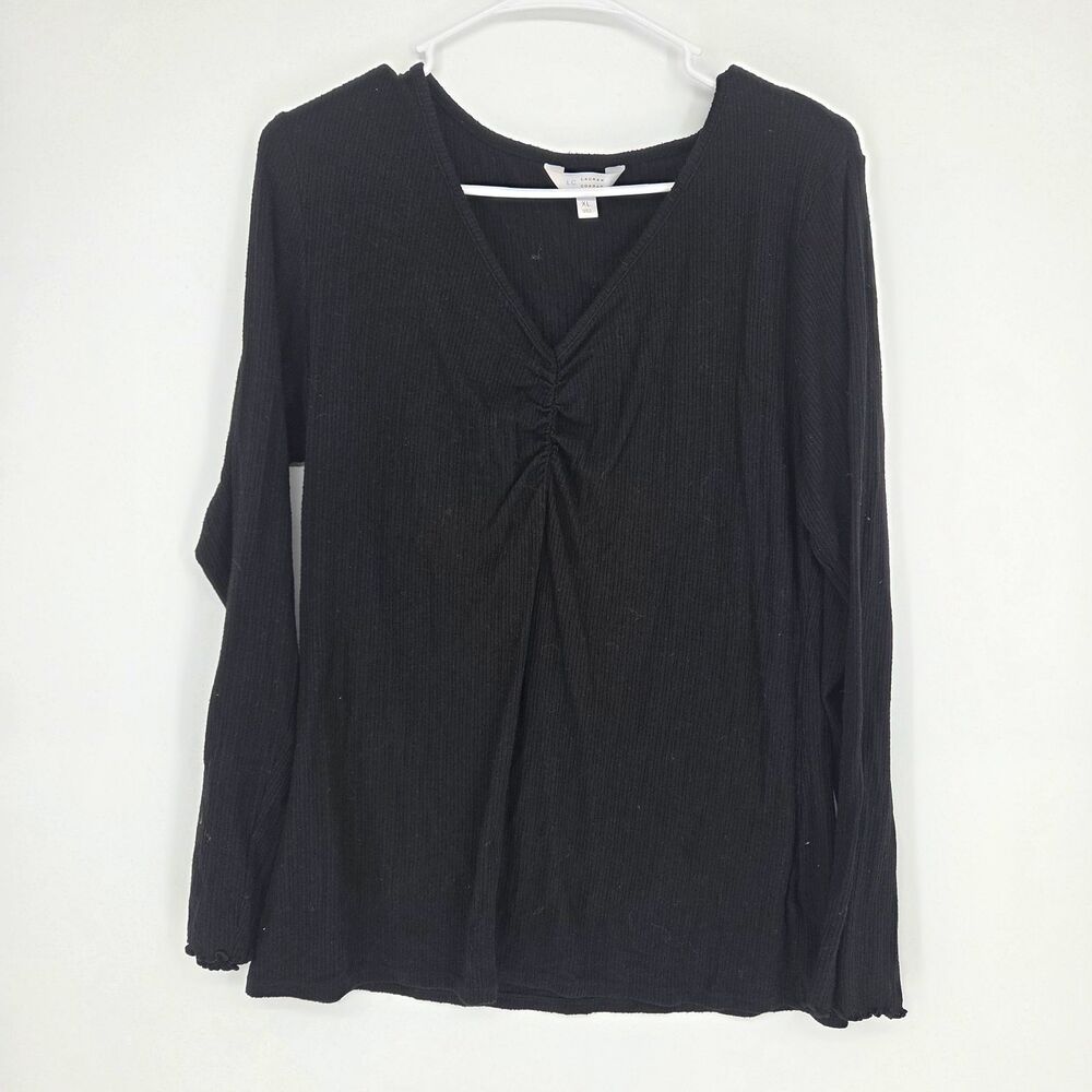 Lauren Conrad Womens Black Ribbed Knit Ruched V-Neck Long Sleeve Top XL Stretch